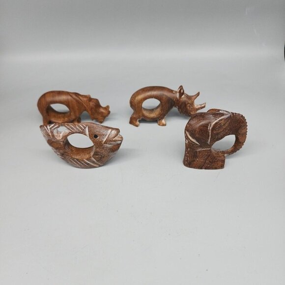 X4 African Wooden Napkin Ring Holders Animals Elephant Fish Rhino Hippo 3" - Picture 1 of 8